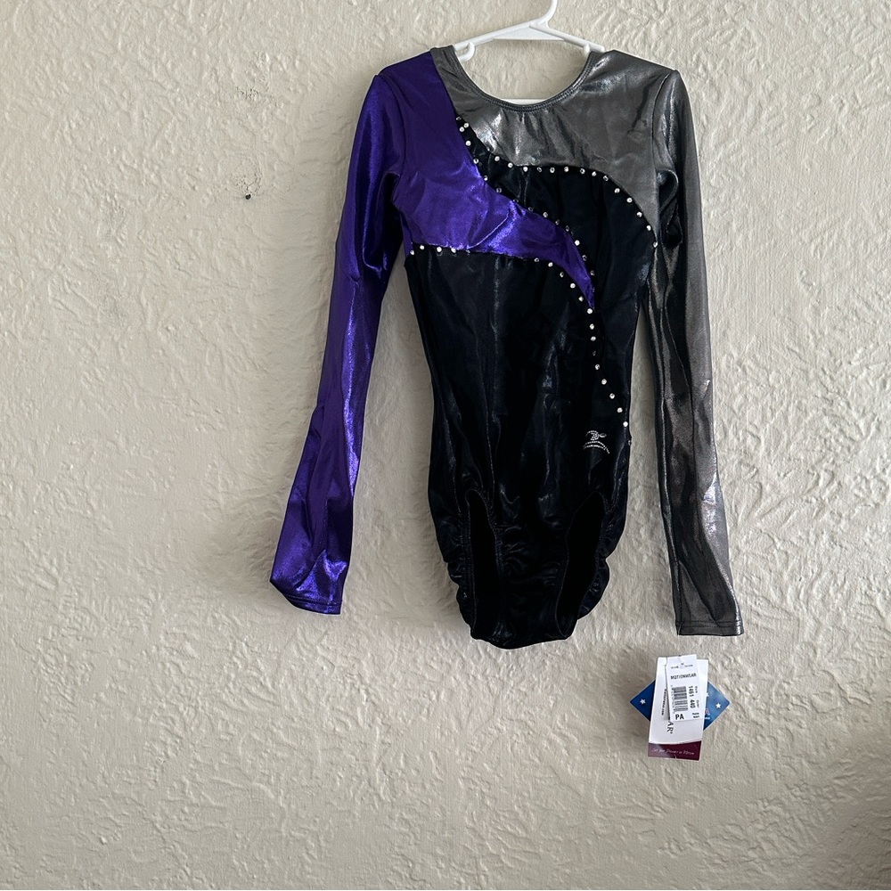 Motionwear Dance Leotard Performance Metallic Silver Black Purple Rhinestone NWT